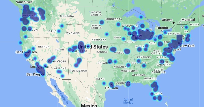 A heat map of voters across the country using the Progressive Voters Guide this year, with concentrations in WA, CA, CO, MI, VA,& NY