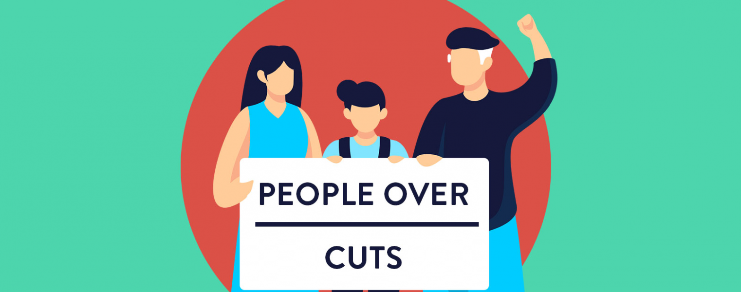 An image of a family holding a sign that reads people over cuts